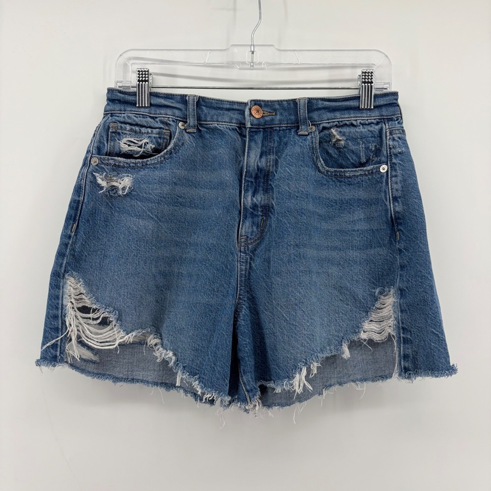 American Eagle Womens 10 Blue Highest Rise Mom Shorts Distressed Frayed Denim